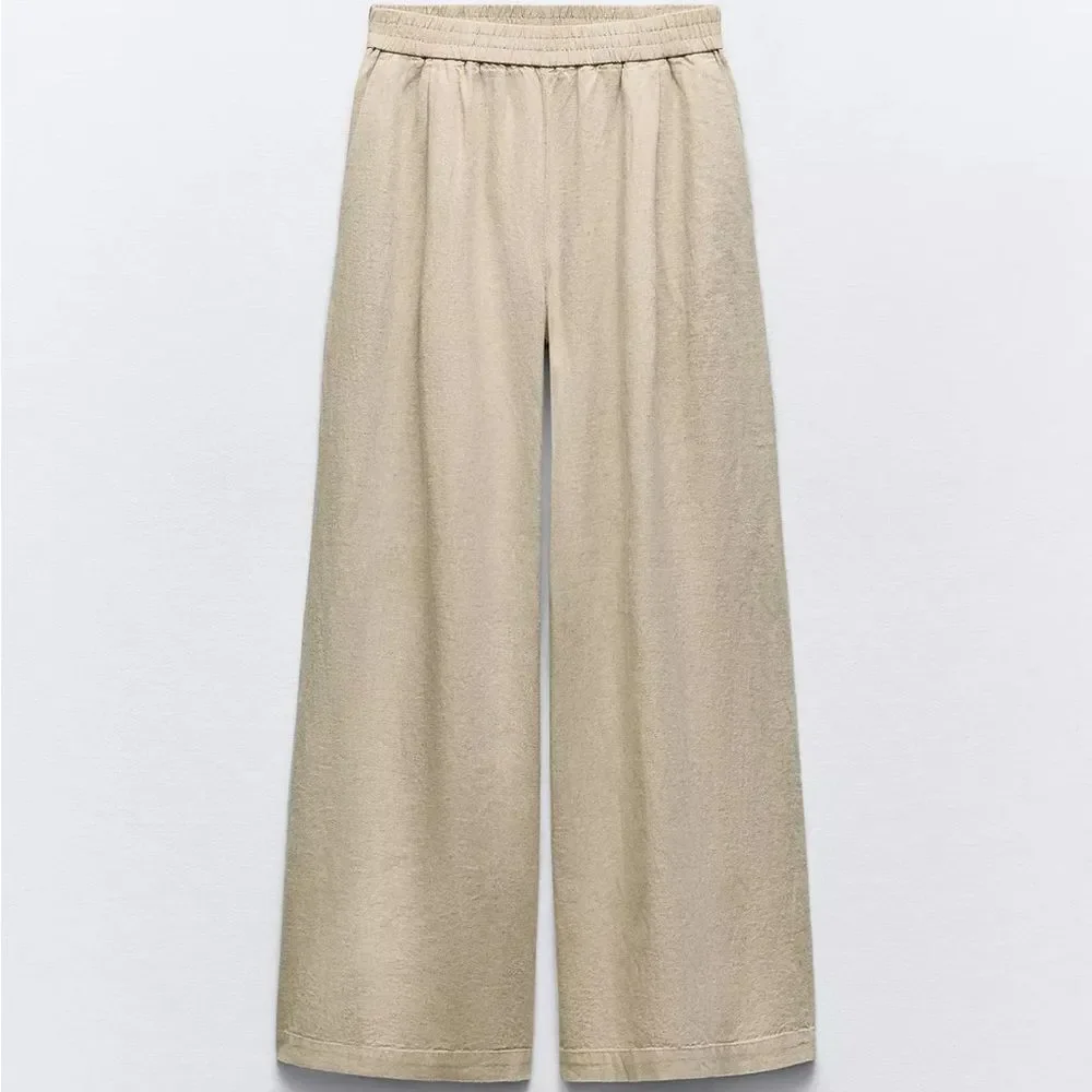 ZARA LINEN BLEND WIDE LEG PANTS LIGHT BEIGE